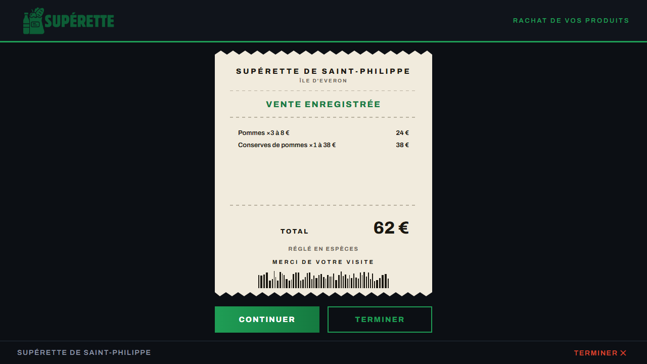 Le ticket de caisse imprimé à l'écran après un achat