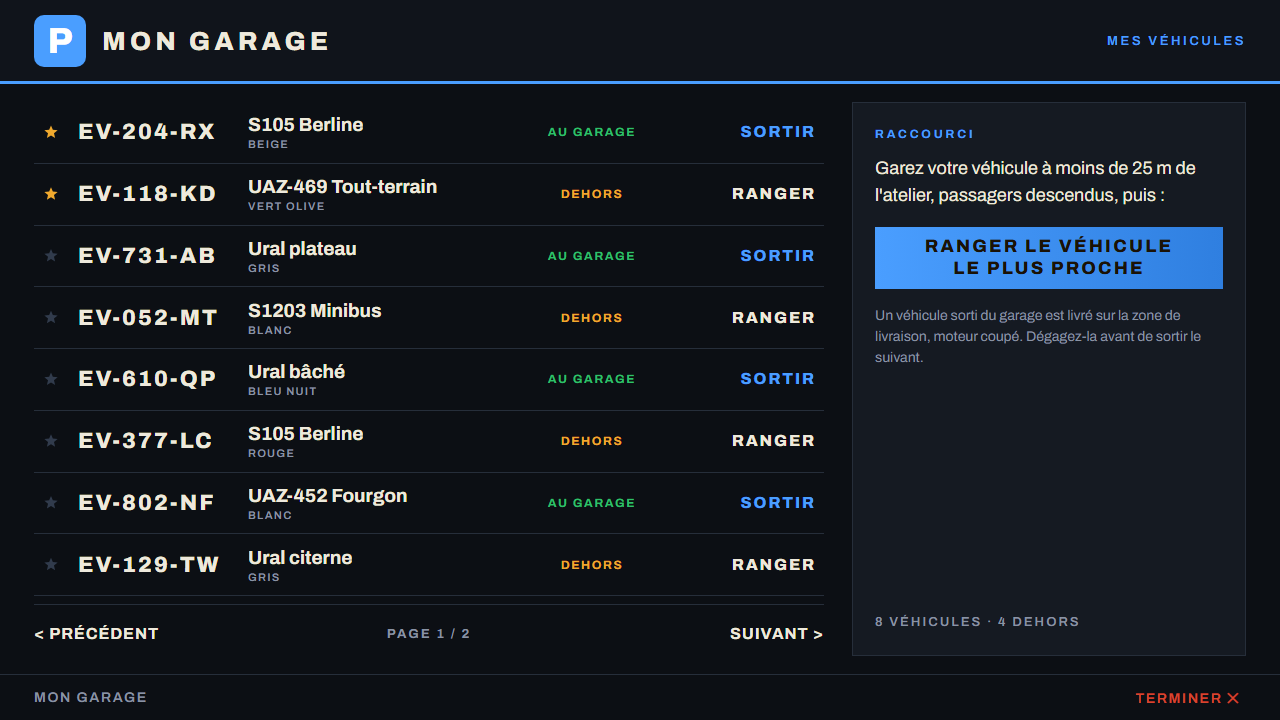 Le terminal du garage, avec la liste des véhicules du joueur